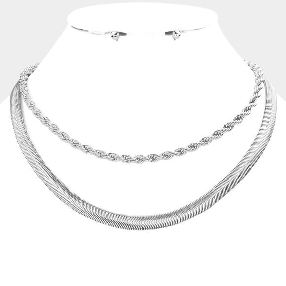 Silver 2 Piece Layered Twisted Necklace Rope Chain Snake Simple Casual Metal - Picture 1 of 2